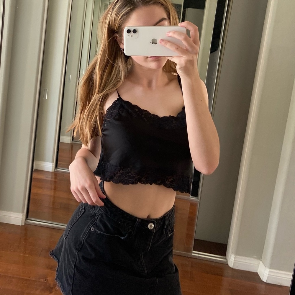 Black satin and lace crop top